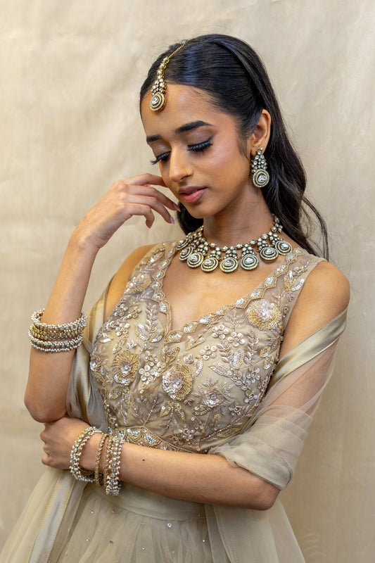 Ayra Kundan Statement Necklace Set with Tikka and Earrings - Layered Circular Motif Design - London Based Brand.