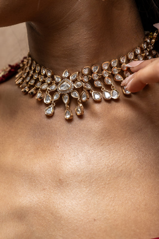 Detailed Layers of Rose Gold Kundan Stones in a Cascading Floral Pattern - Premium Modern Heirloom Jewellery Detail.