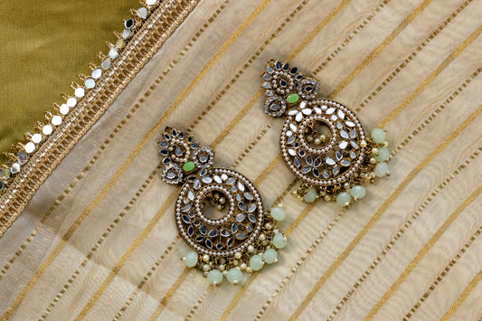 Myra Kundan and Mirror-work Circular Drop Earrings with Mint Green Beads on Gold Fabric - Traditional South Asian Statement Jewellery London.