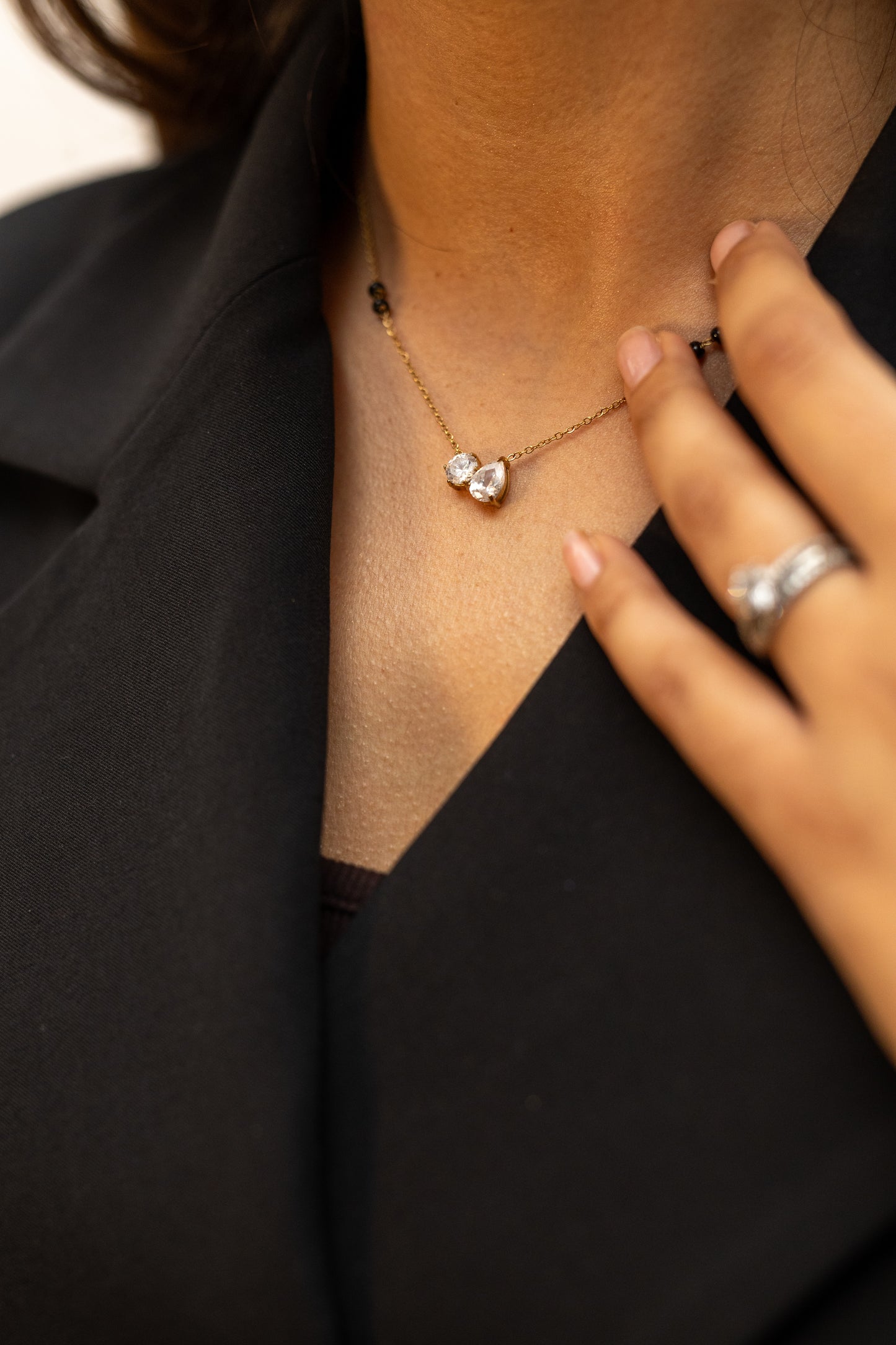 Ananta Modern Mangalsutra with Round and Pear Cut Crystals - Gold Anti-Tarnish Everyday Necklace - London Boutique Jewellery.