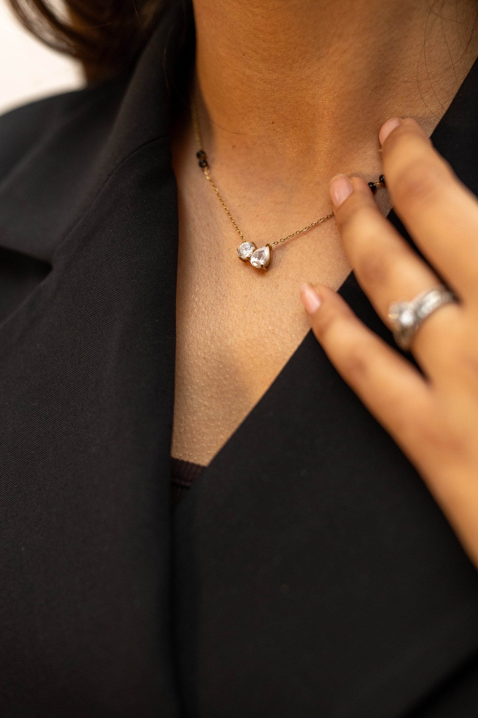 Ananta Modern Mangalsutra with Round and Pear Cut Crystals - Gold Anti-Tarnish Everyday Necklace - London Boutique Jewellery.