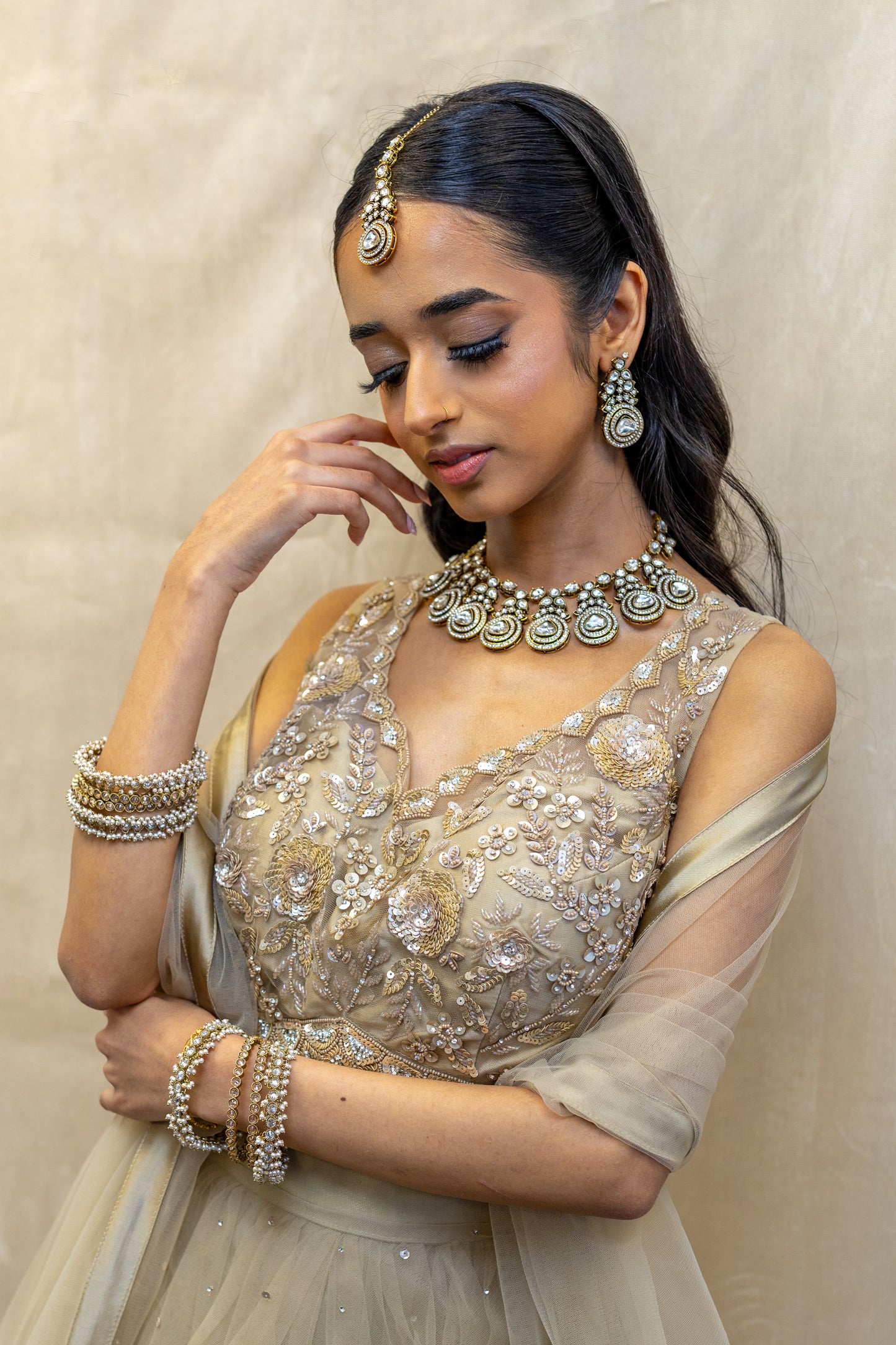 Ayra Kundan Statement Necklace Set with Tikka and Earrings - Layered Circular Motif Design - London Based Brand.