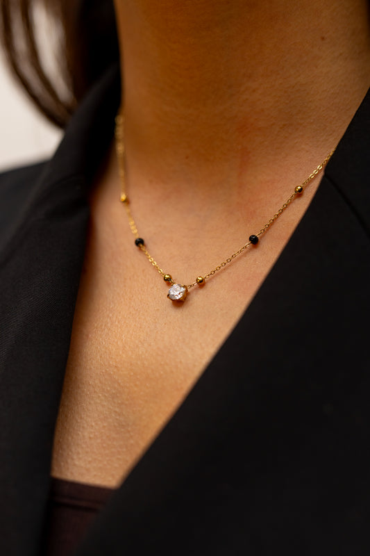 Avira Modern Mangalsutra Necklace with Solitaire Crystal and Black Beads - Anti-Tarnish Gold Everyday Jewellery - London Brand.