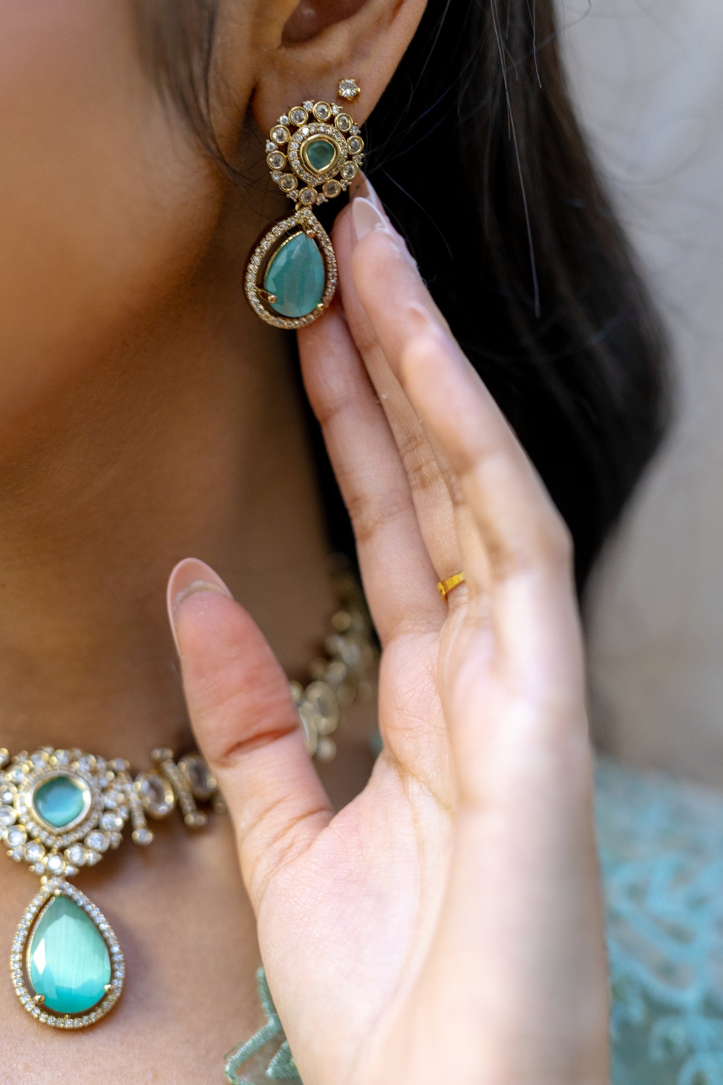 Detailed Aquamarine Stone Pendant with Sparkly Kundan Accents and Green Blue Drop - Modern South Asian Heirloom Jewellery.
