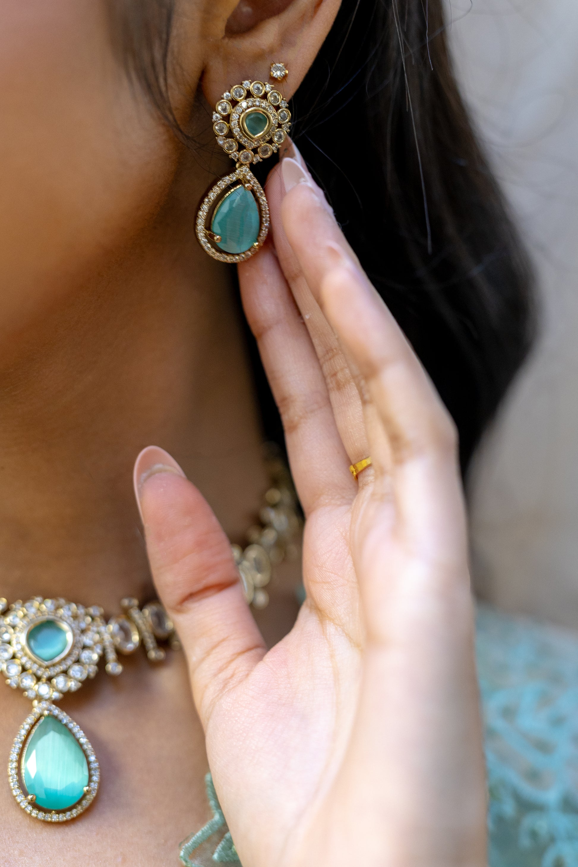 Detailed Aquamarine Stone Pendant with Sparkly Kundan Accents and Green Blue Drop - Modern South Asian Heirloom Jewellery.