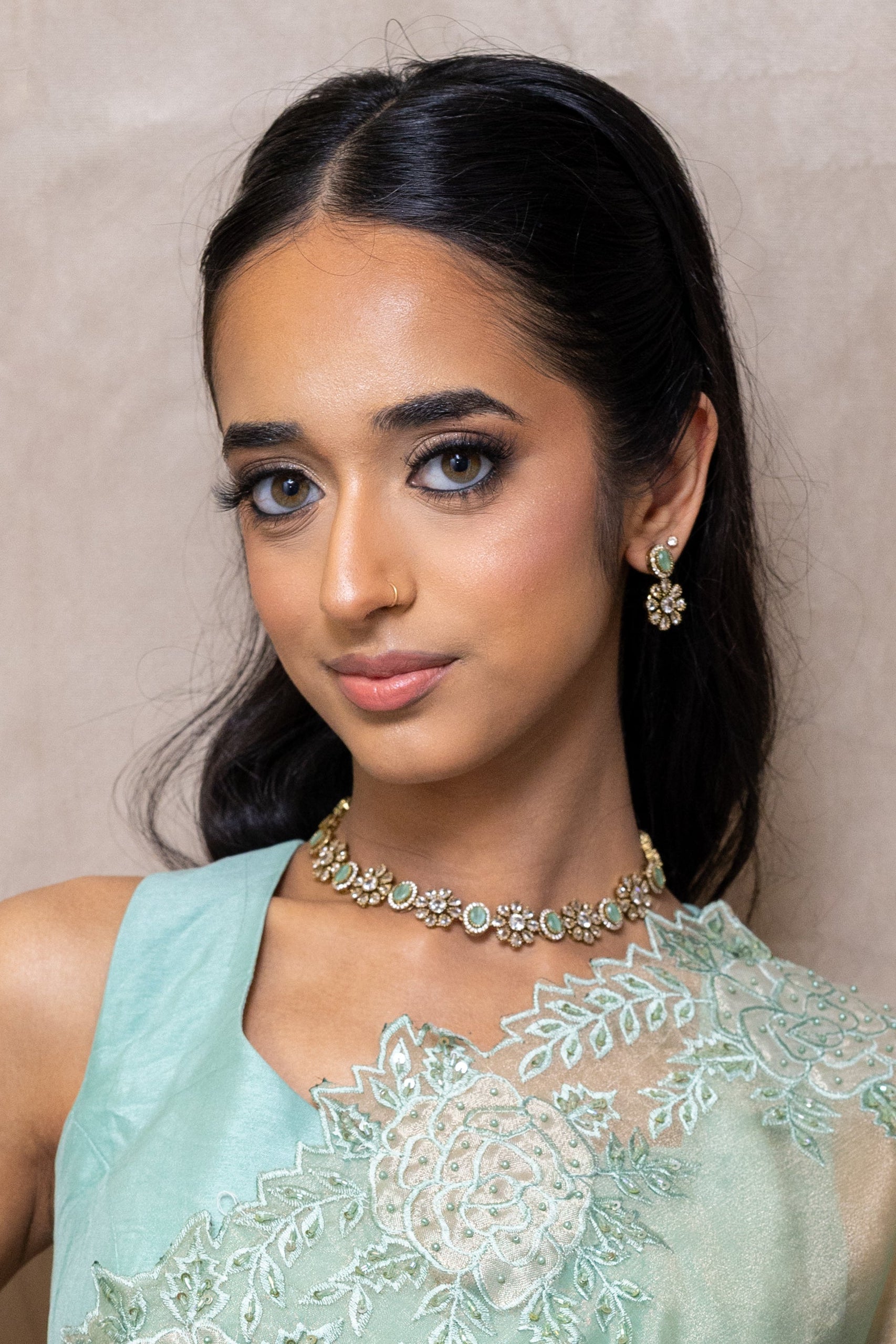 Vihana Crystal Necklace Set with Green Oval Stones - Floral Motif South Asian Jewellery - London Based Brand.