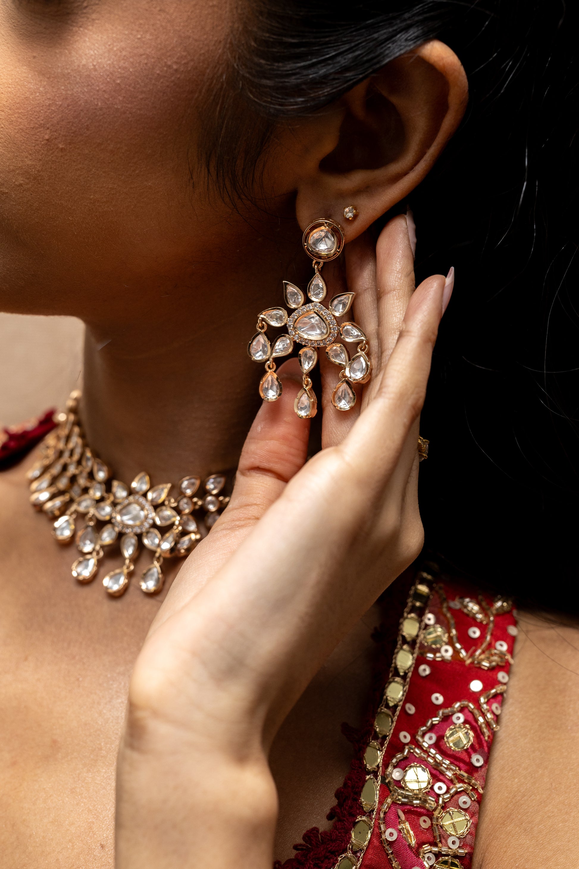 Mahira Rose Gold Kundan Earrings Set - Floral Teardrop Design South Asian Jewellery - London Based Brand.