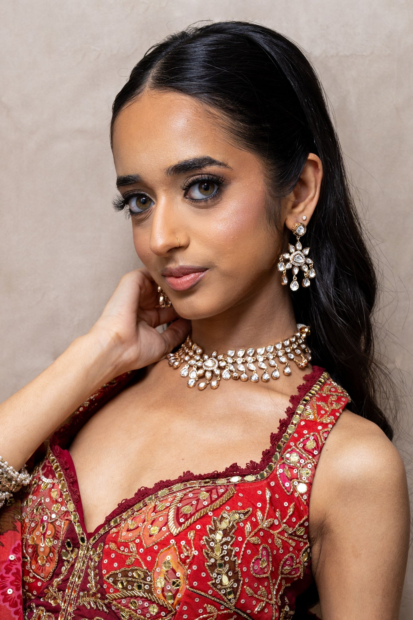 Mahira Rose Gold Kundan Necklace and Earrings Set - Floral Teardrop Design South Asian Jewellery - London Based Brand.