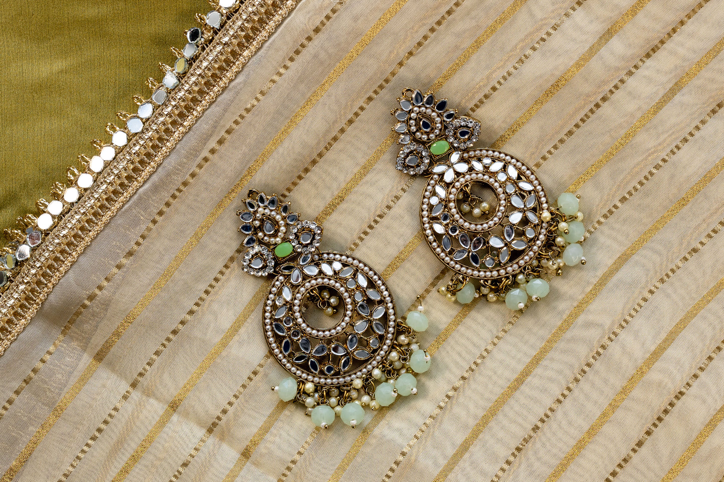 Myra Kundan and Mirror-work Circular Drop Earrings with Mint Green Beads on Gold Fabric - Traditional South Asian Statement Jewellery London.