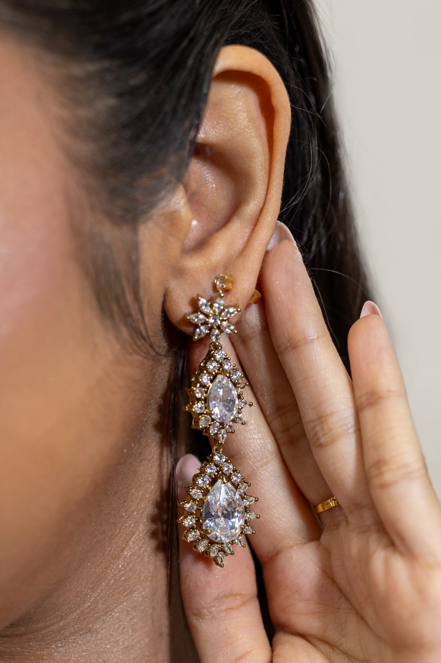 Close-up of Rani Crystal Floral motifs of the earrings— Sophisticated wedding guest jewellery for festive celebrations.