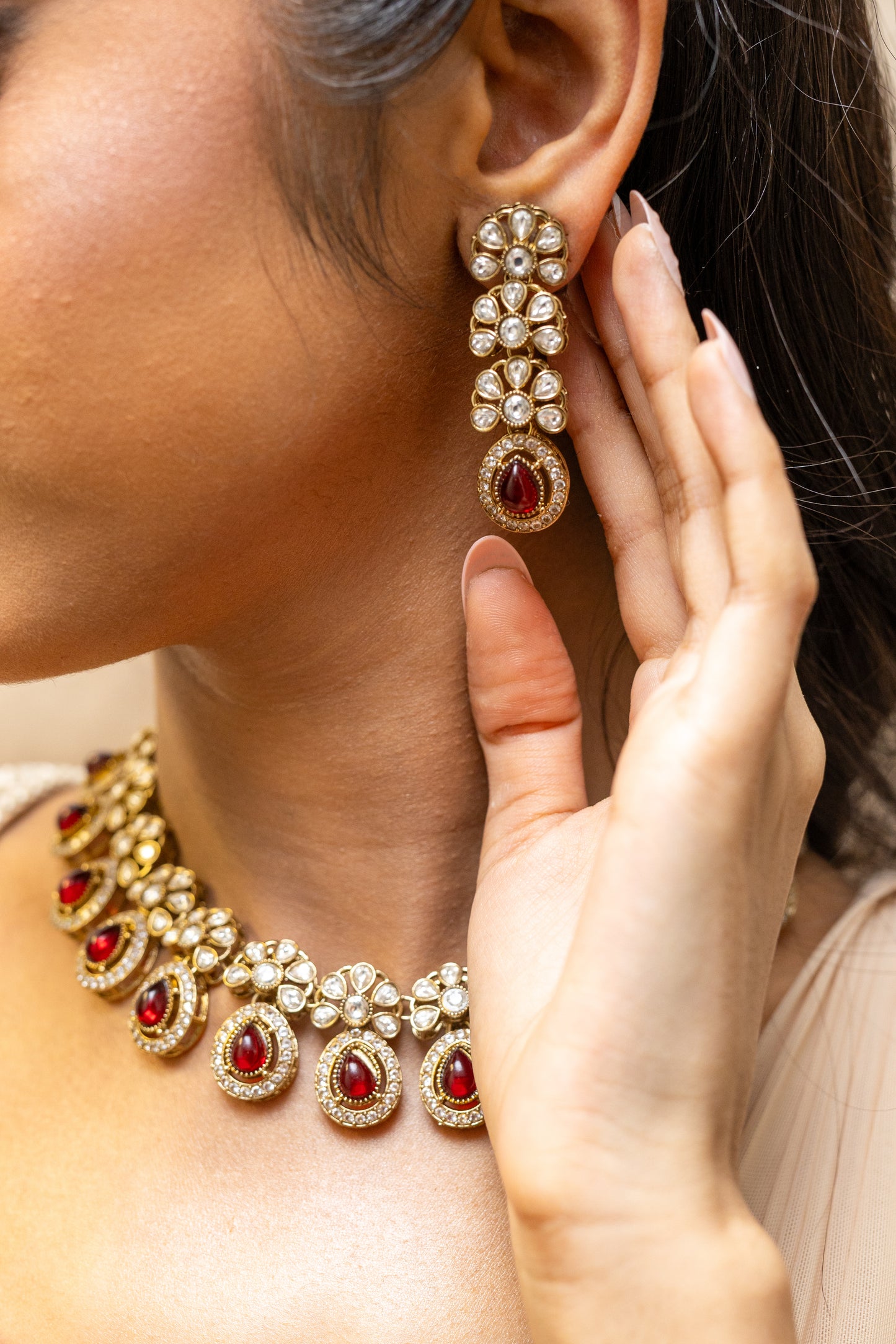Rivya Ruby Red Kundan Choker Set - Traditional Maroon Stone Indian Style Jewellery - Wedding Guest Statement Set London.