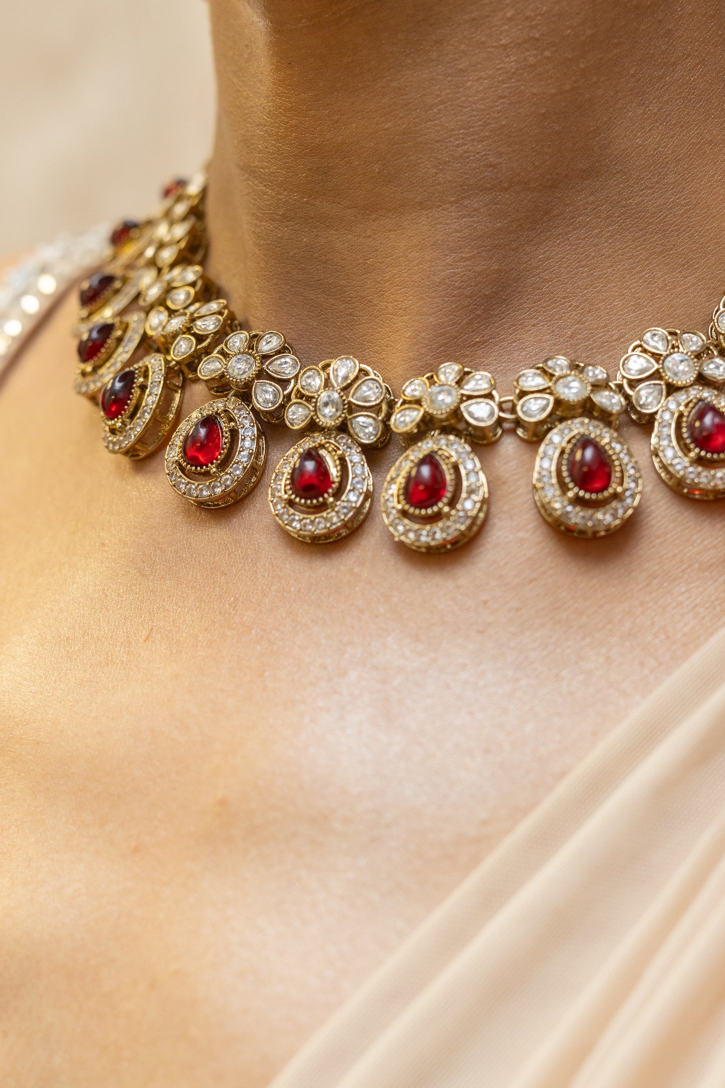 Rivya Ruby Red Kundan Choker Set - Traditional Maroon Stone Indian Style Jewellery - Wedding Guest Statement Set London.
