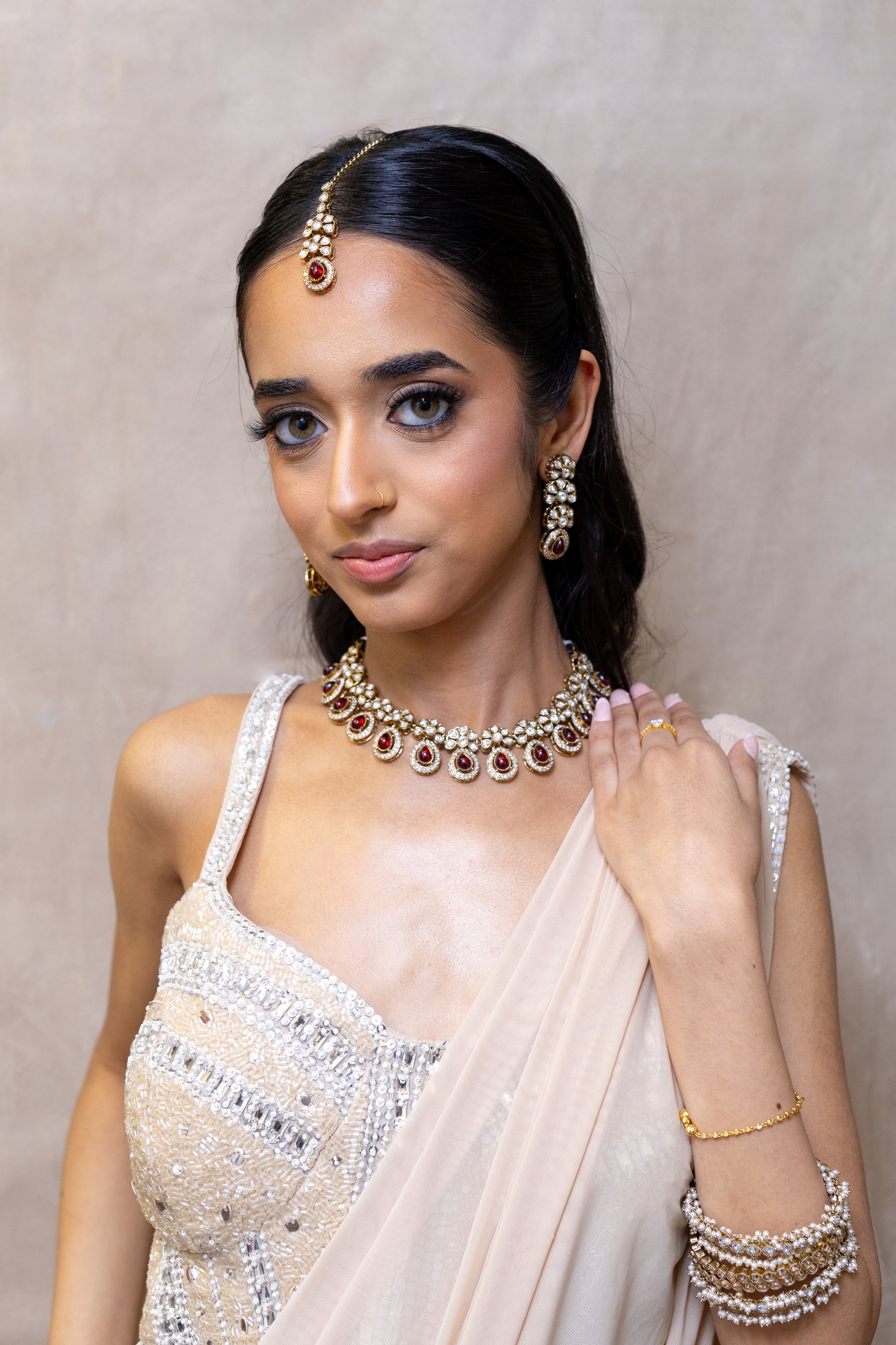 Rivya Ruby Red Kundan Choker Set - Styled With Cream Saree - Traditional Maroon Stone Indian Style Jewellery - Wedding Guest Statement Set London.
