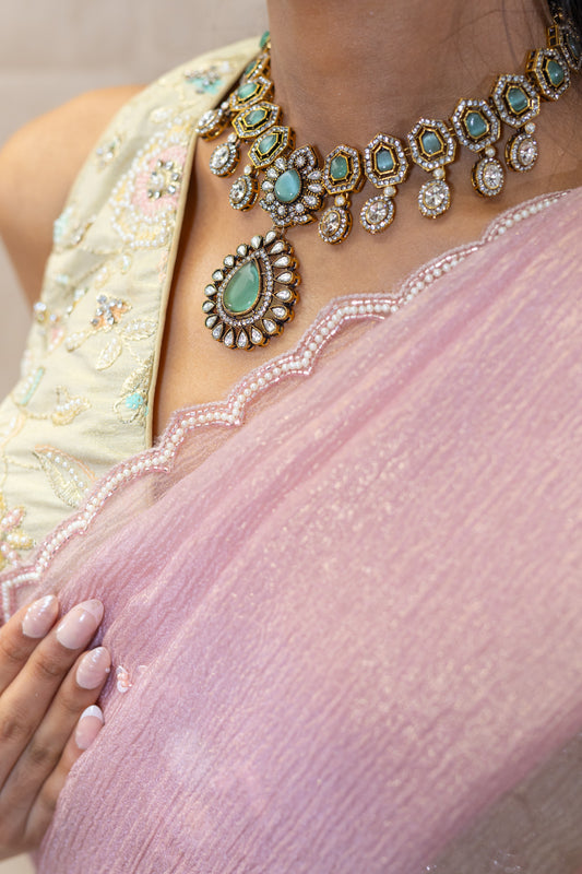 Detailed view of Siyana Set featuring Mint Green geometric Kundan stones, crystal accents, and a teardrop pendant – Modern South Asian Heirloom.