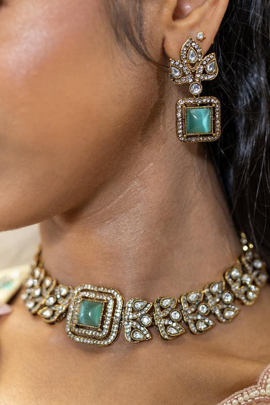 Veera Sage Green Kundan Choker and Earrings - Antique Gold Floral Detail with Milky Green Stones - South Asian Wedding Jewellery London.
