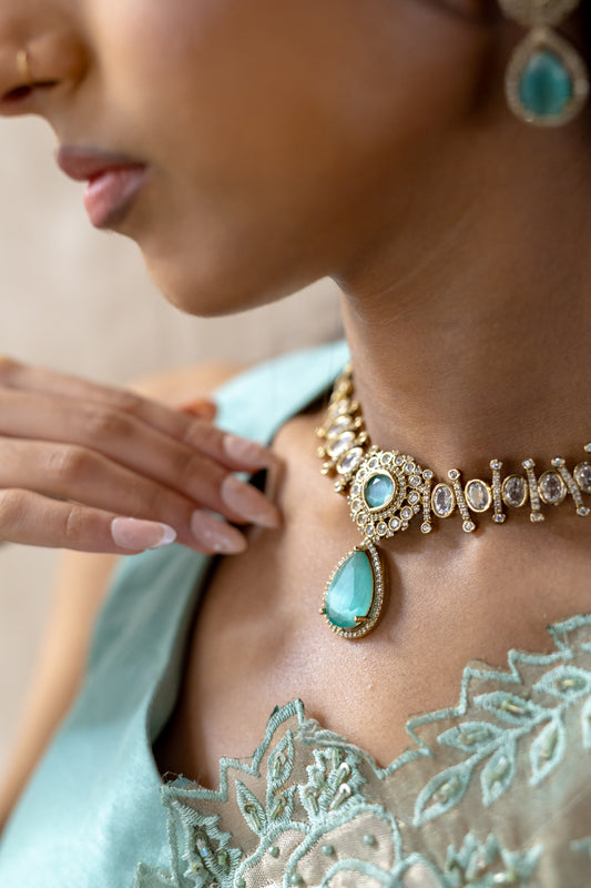 Detailed Aquamarine Stone Pendant with Sparkly Kundan Accents and Green Drop - Modern South Asian Heirloom Jewellery.