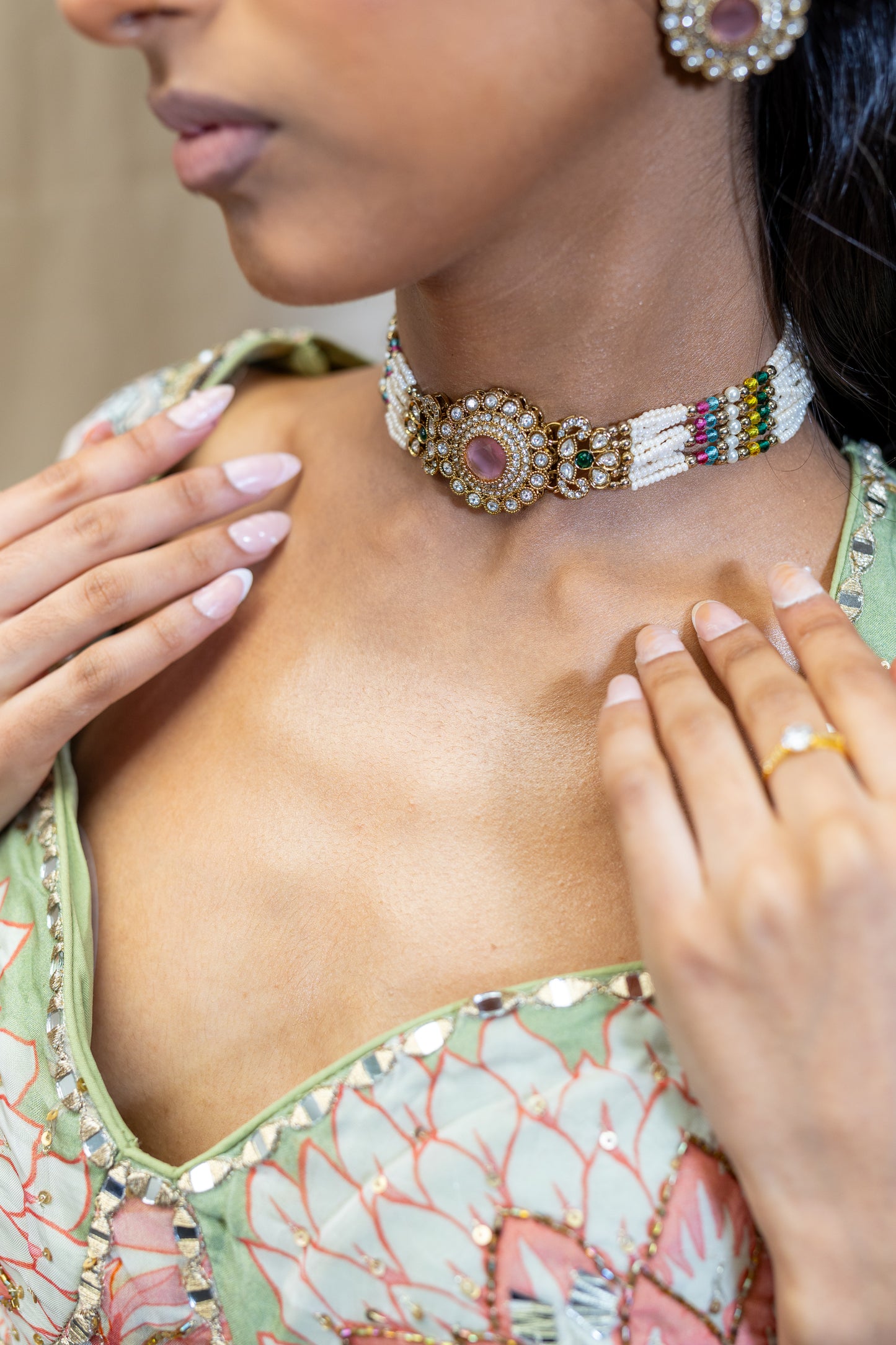 Yashvi Seed Pearl Choker Set with Pink Stone and Multi-Coloured Beads - South Asian Statement Jewellery London.