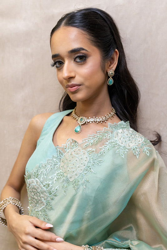 Vrishti Aquamarine Pendant Necklace and Earrings Set - South Asian Kundan Jewellery with Green-Blue Teardrop Detail - London Brand.